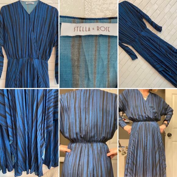 Stella & Rose Blue Black Boho Striped Modest Lightweight Dress sz Small NWOT - Picture 1 of 16